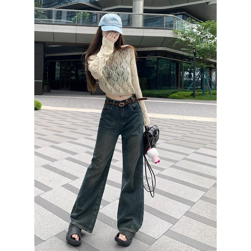 Quần denim Ống Rộng Lưng Cao Phong Cách retro Kiểu Mới 67123