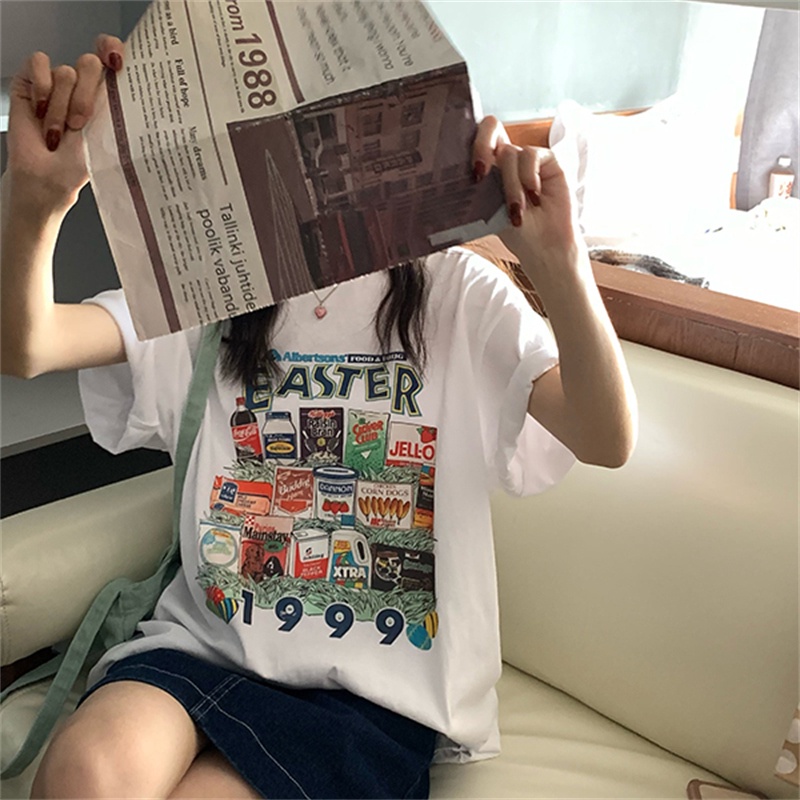 Áo Thun Nữ Ngắn Tay Cổ Tròn In Hình Phong Cách Hàn Quốc Mới