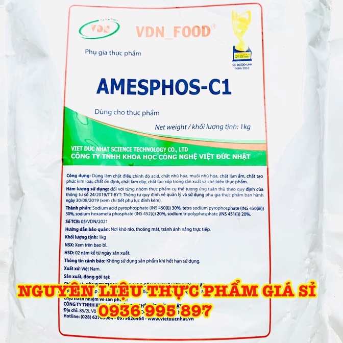 1Kg Bột giòn dai Amesphos C1 - Thay thế hàn the, tăng cường độ dai giòn cho giò chả, cá viên, xúc xích, chả cá