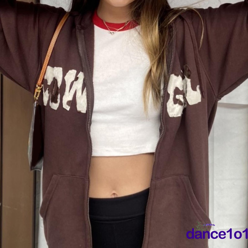 Áo khoác nữ tay dài có nón khóa kéo in chữ