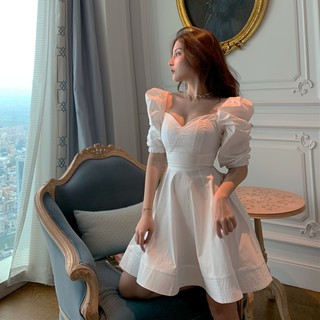 Đầm tay phồng eo cao thon phong cách retro cổ V Paris hàng thiết kế ẢNH THẬT CUỐI