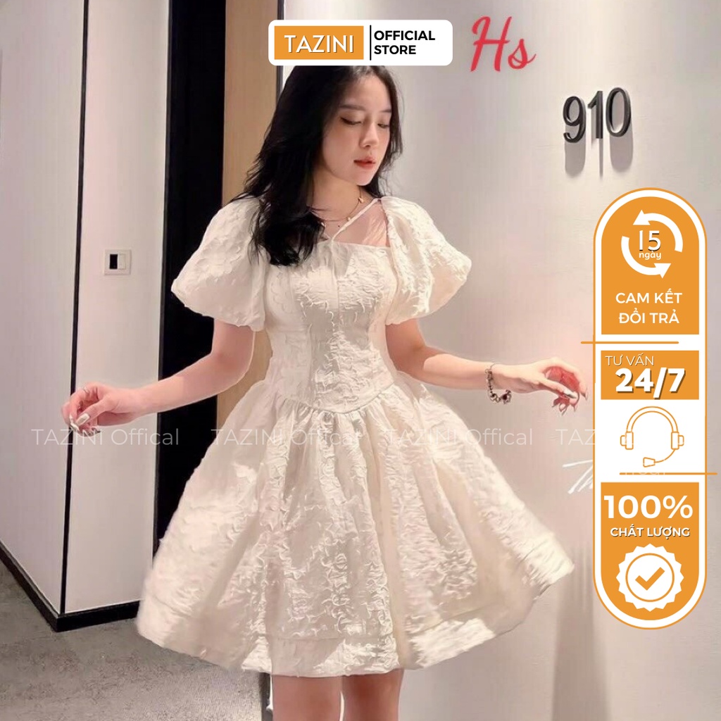 Váy ren hoa dây cổ Tazini, đầm ren cổ vuông phối dây cổ tiểu thư sang chảnh cao cấp - mã 1159