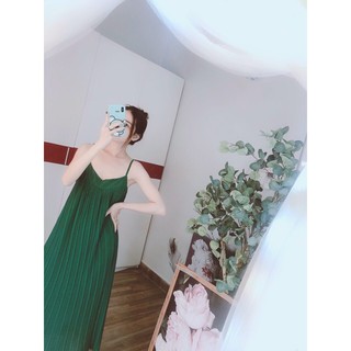 Đầm maxi dập ly 2 dây voan trơn