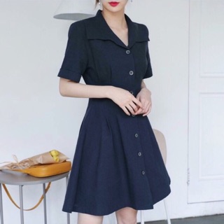 Đầm sơ mi màu xanh đen, váy cổ vest, váy công sở