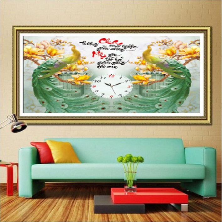 Tranh đính đá đồng hồ cha mẹ KT:68x52cm. Tranh gắn đá chưa gắn.