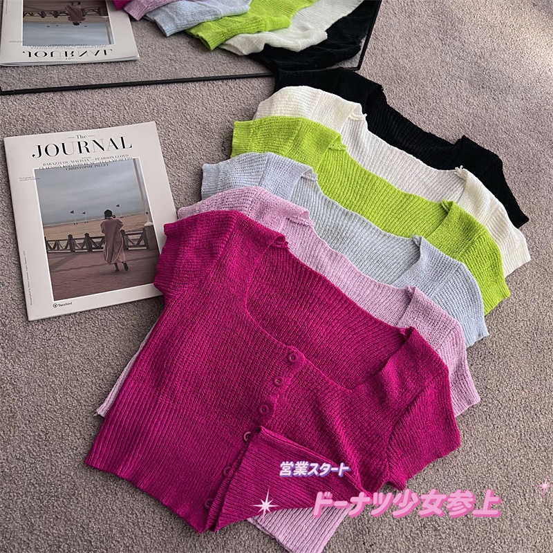 QKOOLE Áo Croptop Dệt Kim Tay Ngắn Cổ Vuông Phong Cách Hàn Quốc Thời Trang Cho Nữ