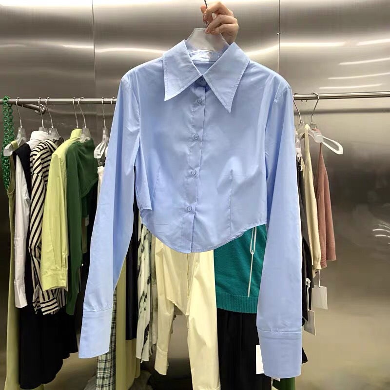 Áo sơ mi COZOK tay dài dáng ngắn dáng ôm kiểu dáng đơn giản hợp thời trang