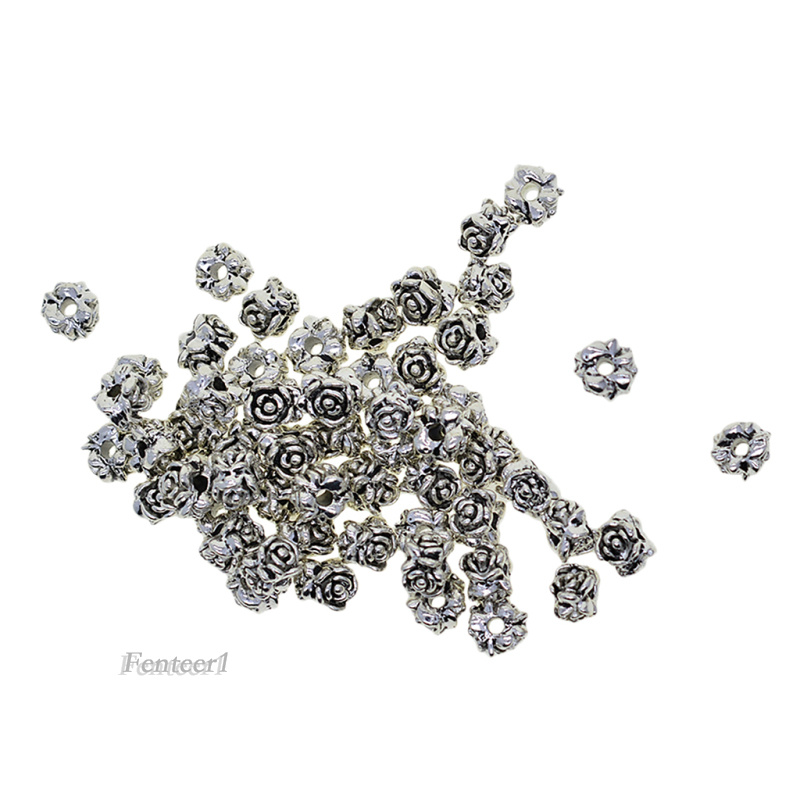 Set 50 hạt hoa hồng dùng tự làm trang sức bằng hợp kim màu bạc Tây Tạng