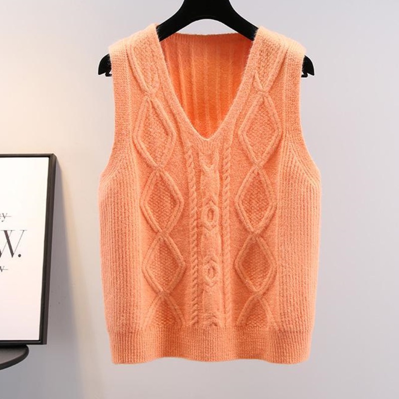 Áo Sweater Dệt Kim Sát Nách Dáng Rộng Cổ Chữ v Màu Trơn Kiểu Hàn Quốc