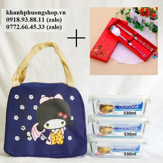 KPStore_ bộ 3 hộp thủy tinh lock&lock kèm túi giữ nhiệt - hộp thủy tinh