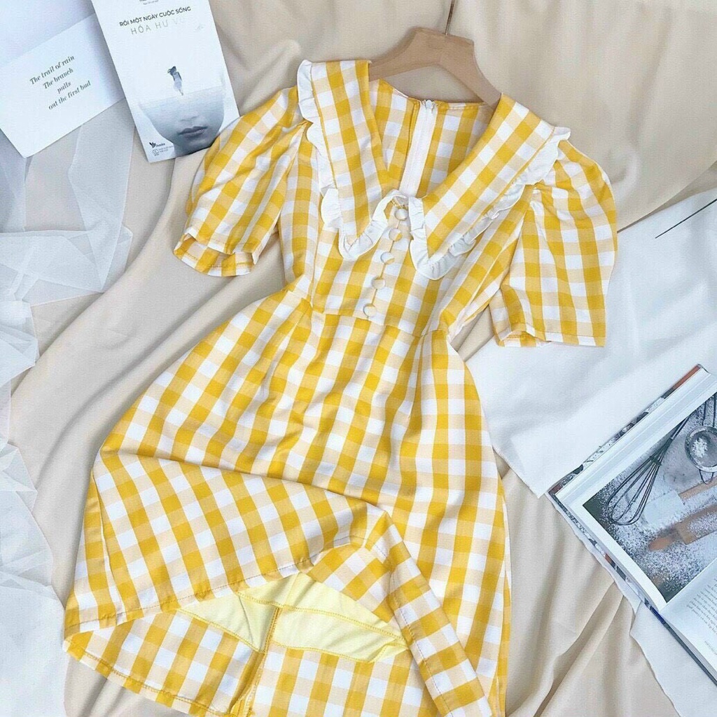 Đầm caro vàng cổ bèo tay búp, phối nút trẻ trung, váy caro chữ a mặc đi chơi dạo phố xinh xắn
