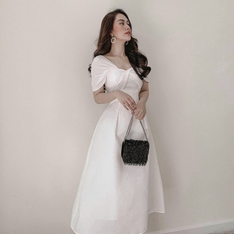 Đầm váy midi đi tiệc xoắn ngực tay xoè 2 màu