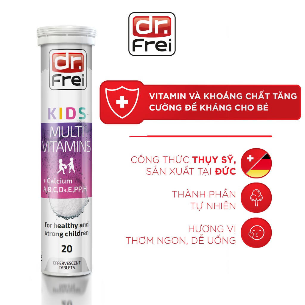 Viên Sủi Bổ Sung Vitamin và Khoáng Chất cho Trẻ Em Dr. Frei SWISS Kids Multivitamins + Calcium (20 Viên]