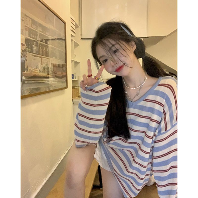 Jiashucheng Áo Thun Tay Dài Dáng Rộng Họa Tiết Kẻ Sọc Thời Trang Mùa Thu Cao Cấp Dành Cho Nữ Có Size Lớn