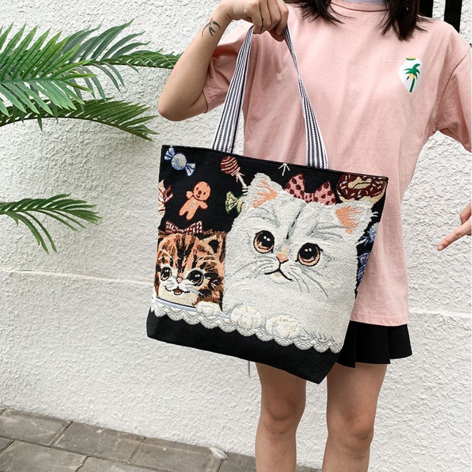 Túi Tote Vải Canvas Thêu Hình Mèo Cute Thời Trang Đeo Chéo GN11-II