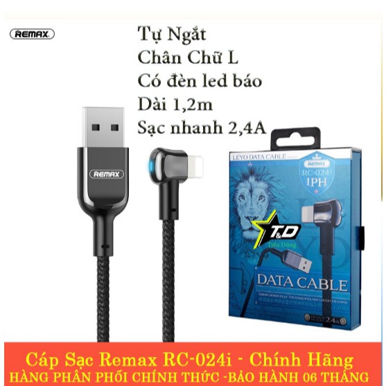Cáp sạc Remax RC-024i cho ip - Cáp sạc tự ngắt RC-024i hỗ trợ sạc nhanh 2,4A chân cắm kiểu chữ L Chính Hãng