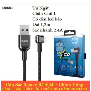 Cáp sạc Remax RC-024i cho ip - Cáp sạc tự ngắt RC-024i hỗ trợ sạc nhanh 2,4A chân cắm kiểu chữ L Chính Hãng