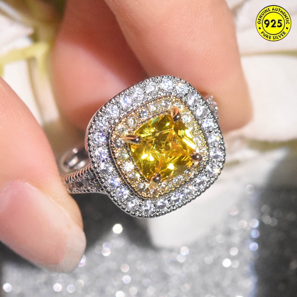 Nhẫn Mạ Bạc 925 Đính Kim Cương Nhân Tạo Vuông Sang Trọng Thời Trang
