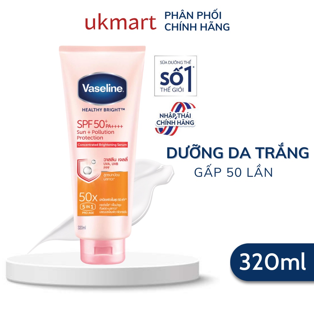 Sữa Dưỡng Thể Vaseline Healthy Bright SPF 50+ 320ml Trắng Da Chống Nắng Nâng Tông Tức Thì Tinh Chất Dưỡng Sáng Rạng Rỡ