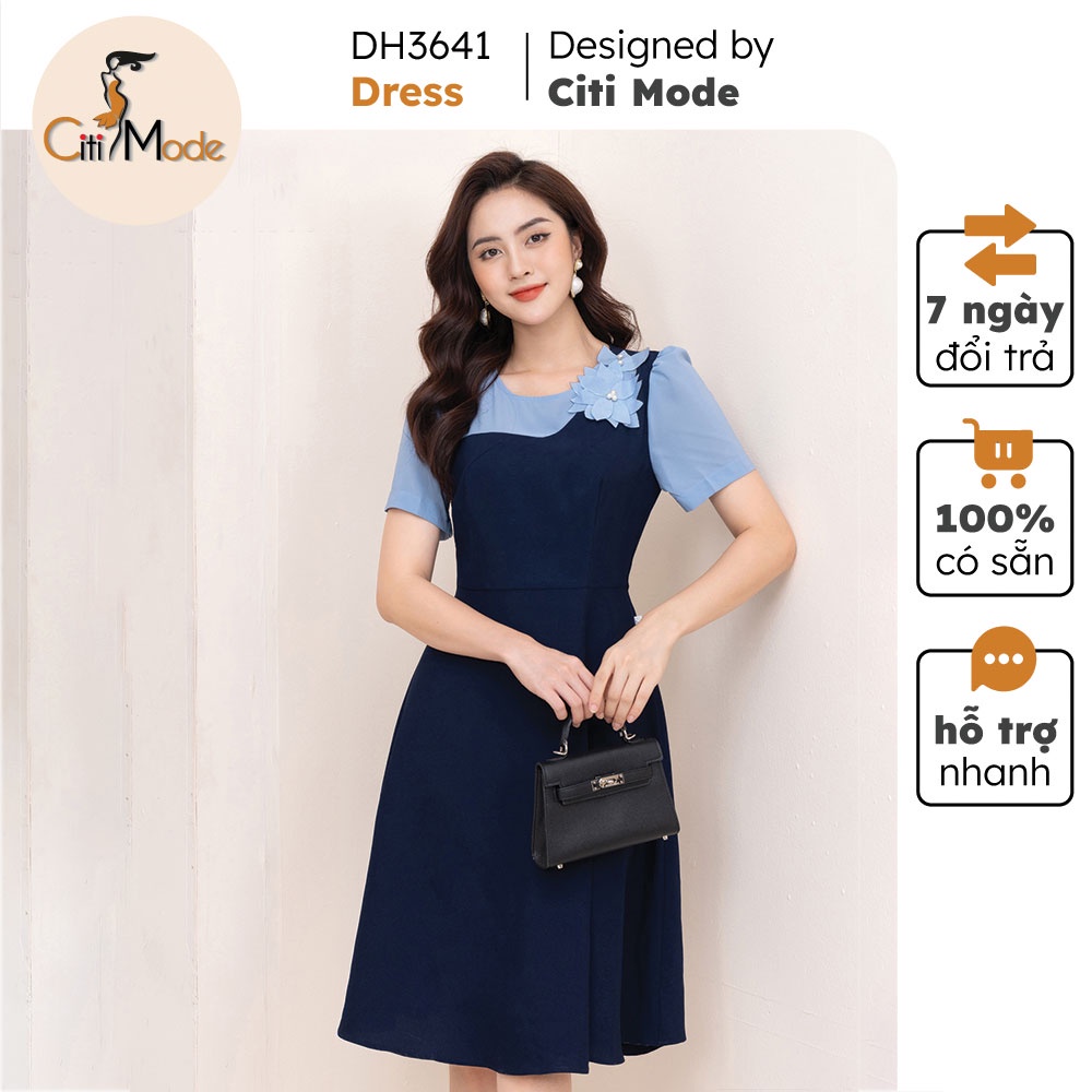 Đầm xoè tím than phối hoa đính ngực DH3641