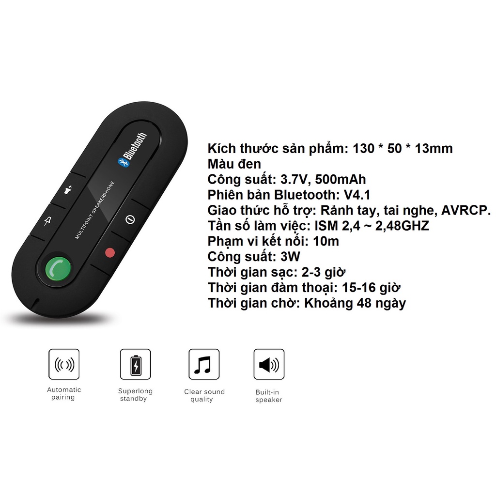 LOA BLUETOOTH 5.0 XE HƠI MT001, BLUETOOTH HANDS FREE KIT, CAR WIRELESS HANDFREE BT100