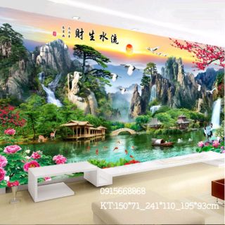 Tranh thêu chữ thập phòng cảnh lưu thủy sinh tài KT 195*93cm(kèm hình thật)
