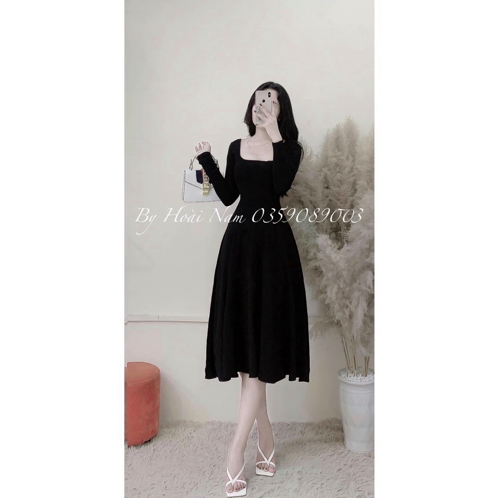 Đầm Body Cổ U Tay Dài Ôm Body Kiểu Xòe Chất Thun Gân , Đầm Body Midi Xòe