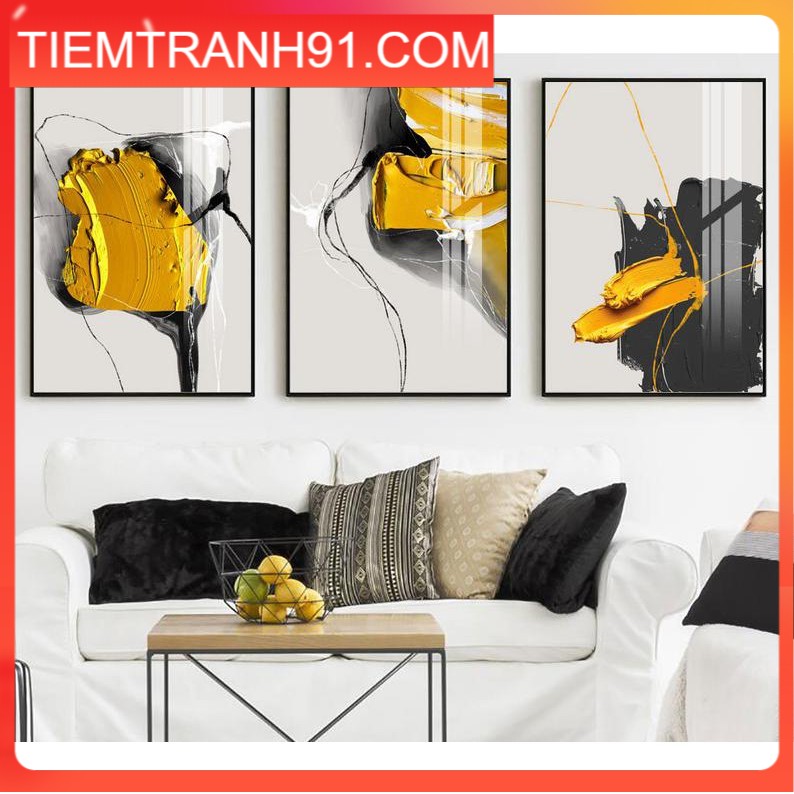 Tranh Canvas Cao Cấp | Tranh bộ 3 bức trừu tượng yellow and white oil paint on black palette-mixing, acrylic art
