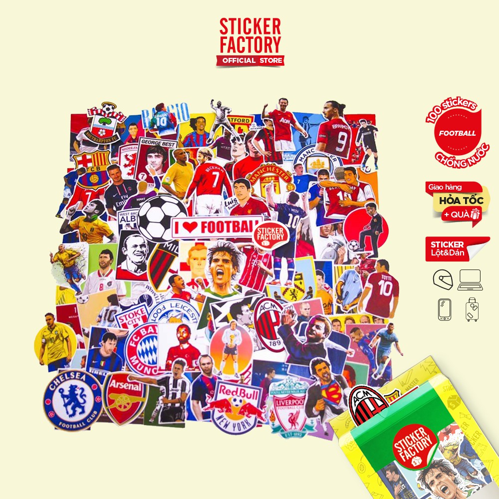 Football - hộp set 100 sticker decal hình dán nón bảo hiểm , laptop, xe máy, ô tô - STICKER FACTORY