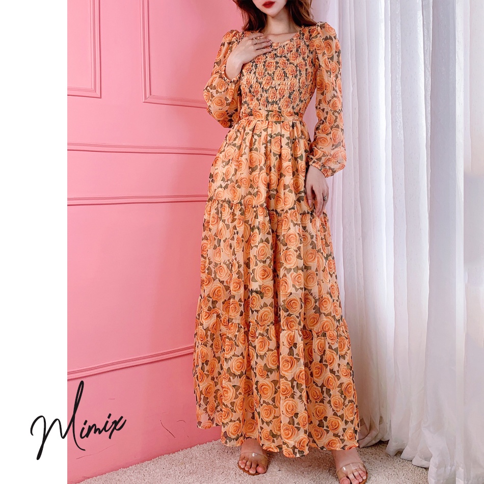 Đầm maxi tay dài bo chun họa tiết hoa hồng MIMIX BT4250 | BigBuy360 - bigbuy360.vn