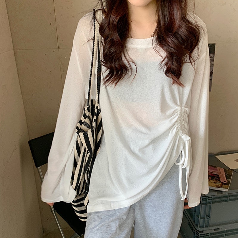 Áo Thun Tay Dài Dáng Rộng Vải Mỏng Phối Dây Rút Thoáng Khí Thời Trang Cho Nữ