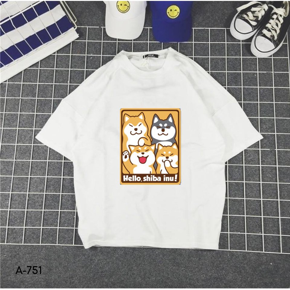 Áo Thun Nam Nữ Tay Lỡ Unisex Phông Trơn Oversize Form Rộng Basic Tee Hình CHÓ HELLO SHIBA INU