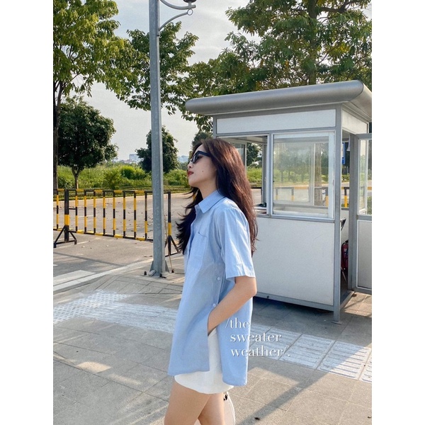 Áo sơ mi nữ ngắn tay có cổ phối cúc sườn xẻ vạt - The Sweater Weather | BigBuy360 - bigbuy360.vn
