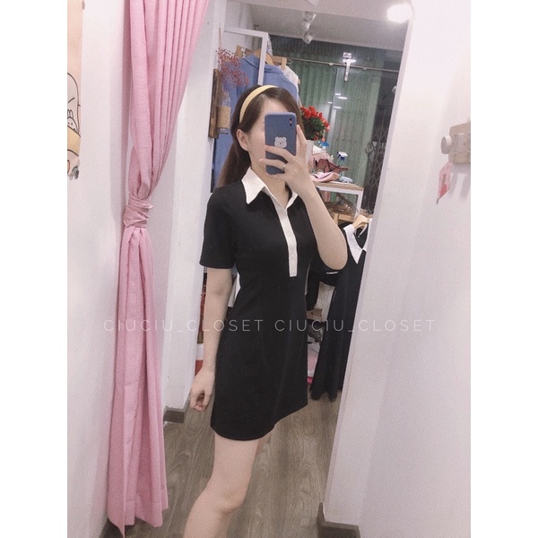 Đầm Thun Đen Cổ Sơ Mi Viền Trắng Chất Thun Dày Dặn ( Hàng Sẵn) | BigBuy360 - bigbuy360.vn