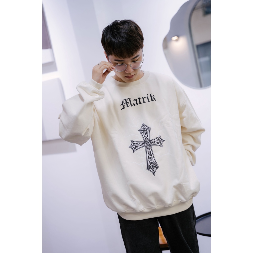 Áo sweater Bigsize Maltrik hình thánh giá, áo nỉ bông cổ tròn form rộng unisex chất liệu dày dặn có size đến 130kg