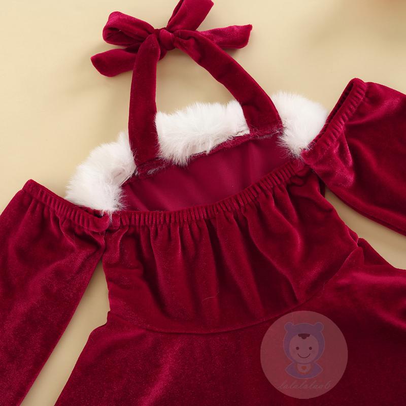 Laa6-đầm Nhung Tay Dài Buộc Dây Hở Lưng Cho Bé Gái