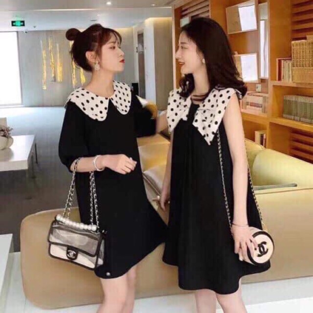 váy bạn thân, đầm bạn thận cổ sen chấm bi