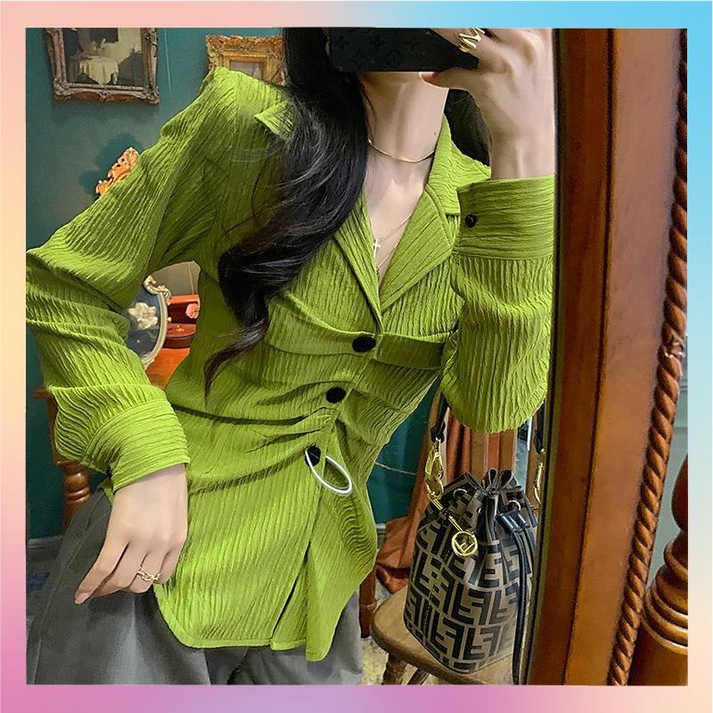 áo sơ mi kiểu hàn quốc áo sơ mi nữ Màu xanh lá cây đầu mùa thu Slim Retro Độc Đáo Áo sơ mi