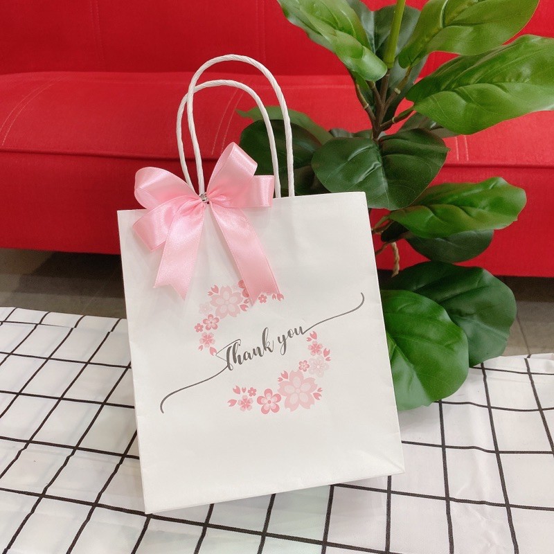Túi kraft hoa đào có chữ thank nhỏ siêu xinh - túi giấy đựng quà tặng mỹ phẩm -đựng nước hoa - túi giấy đựng kemy