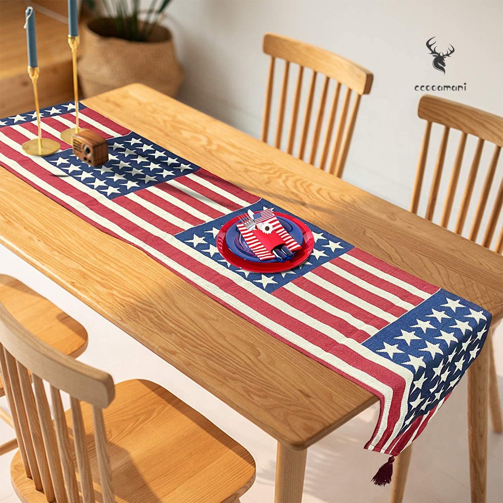 💎CCOO 180cm US Flag Stars Stripes Tablecloth Dining Table Runner Cover Holiday Decor