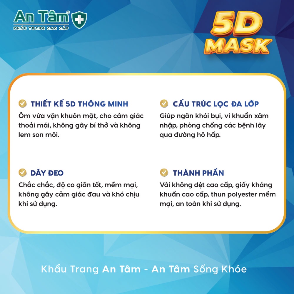 Khẩu trang y tế 5D 3 lớp Vải Không Dệt &amp; Giấy Kháng Khuẩn Chính Hãng AN TÂM Hộp 10 cái