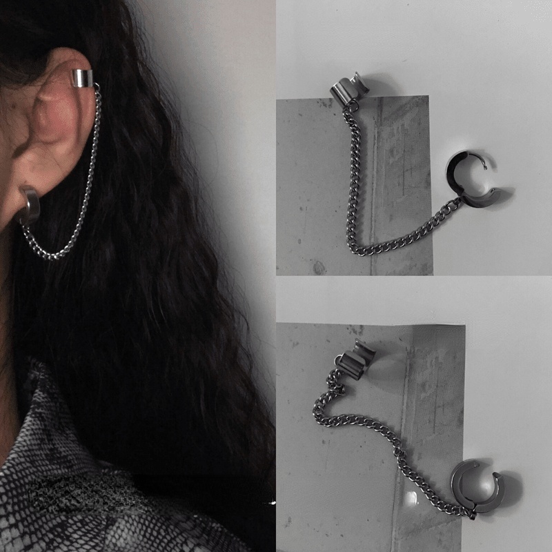Khuyên tai kẹp vành phối chuỗi xích phong cách Hàn Quốc cá tính thời trang dành cho nam và nữ