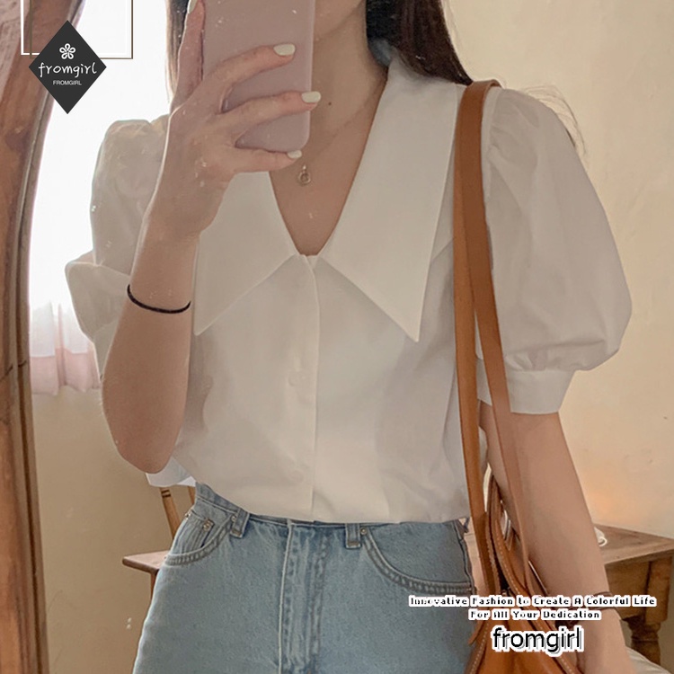 Áo Sơ Mi Tay Ngắn Phồng Cổ Chữ V Dáng Rộng Phong Cách retro Hàn Quốc Thời Trang Mùa Hè 2022 Cho Nữ