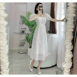 Váy hoa nhí cổ vuông Vintage dáng dài,đầm dự tiệc cưới công chúa sang chảnh dễ thương QD DT039