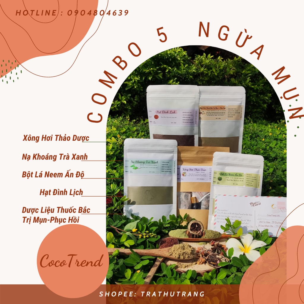 |Cocotrend - freeship| Combo 5 bột ngăn ngừa mụn, chăm sóc da sau mụn dành cho da face - Handmade (100g/ Túi)