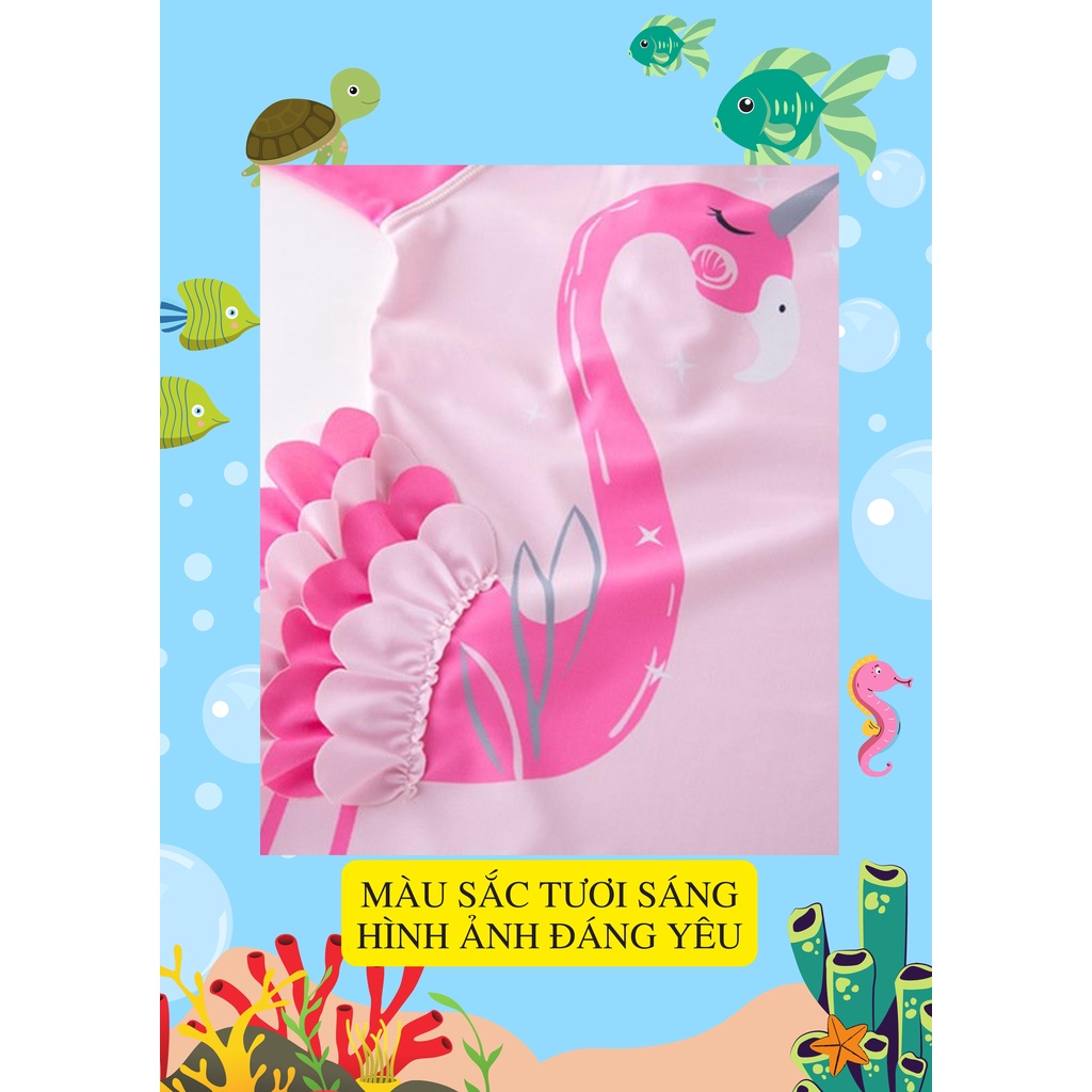 Đồ bơi bé gái cao cấp hình thiên nga hồng dài tay liền thân kèm mũ cho bé 2-7 tuổi