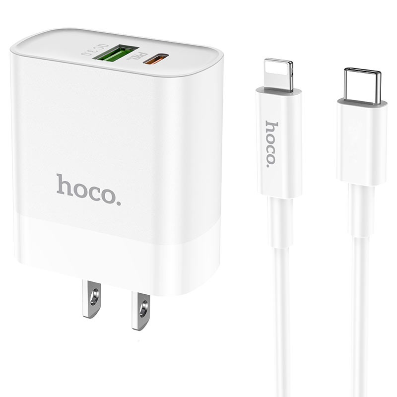 Sạc iPhone nhanh Hoco C80 2 cổng USB PD 20W QC 3.0, dây Type C to Lightning cho iPhone 13,12,11,X,8,7,6