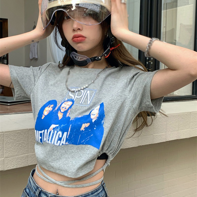 Áo Thun Croptop Cổ Tròn Tay Ngắn Dáng Ôm Cột Dây In Họa Tiết Thời Trang Hàn Quốc Cho Nữ