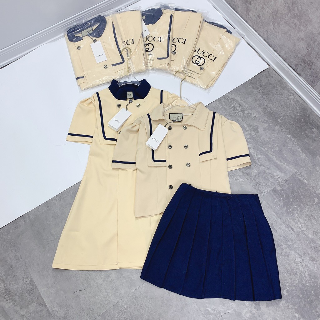 Set Áo Thủy Thủ Cổ Thuyền Viền Mí Mix Chân Váy Xếp Li Xanh | BigBuy360 - bigbuy360.vn