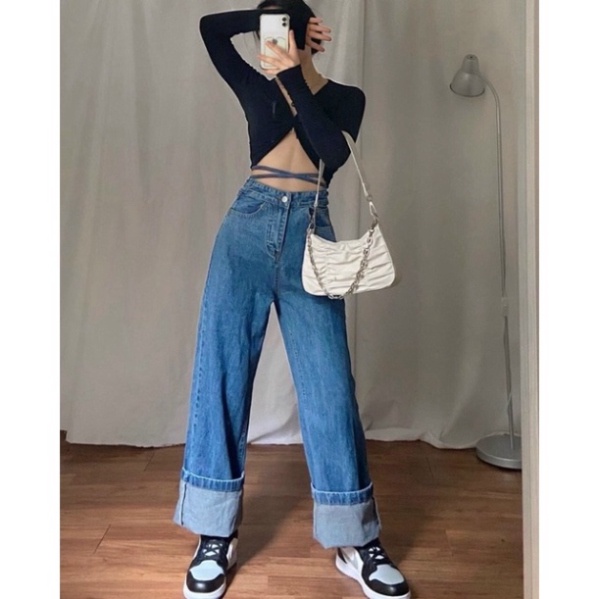 Quần jeans ống xuông rộng baggy lưng cao buộc dây bụng siêu hot - JJ0N